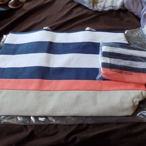 DSW NAVY BLUE & WHITE Striped CORAL Hand Bag Tote